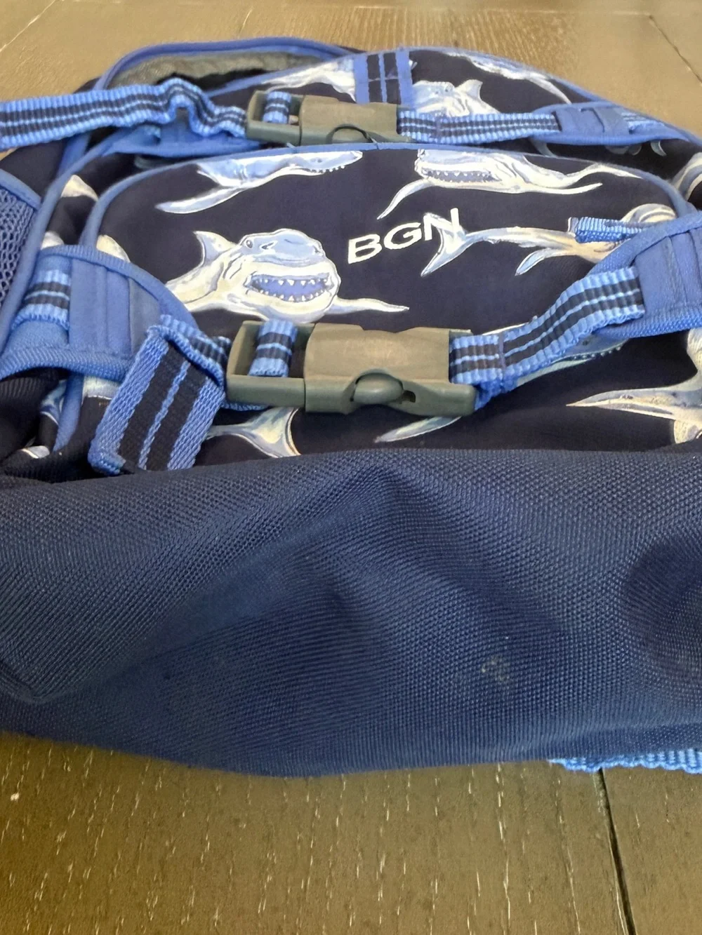 Pottery Barn Kids Navy Blue Sharks Boys Small Mackenzie Backpack “BGN” Initials